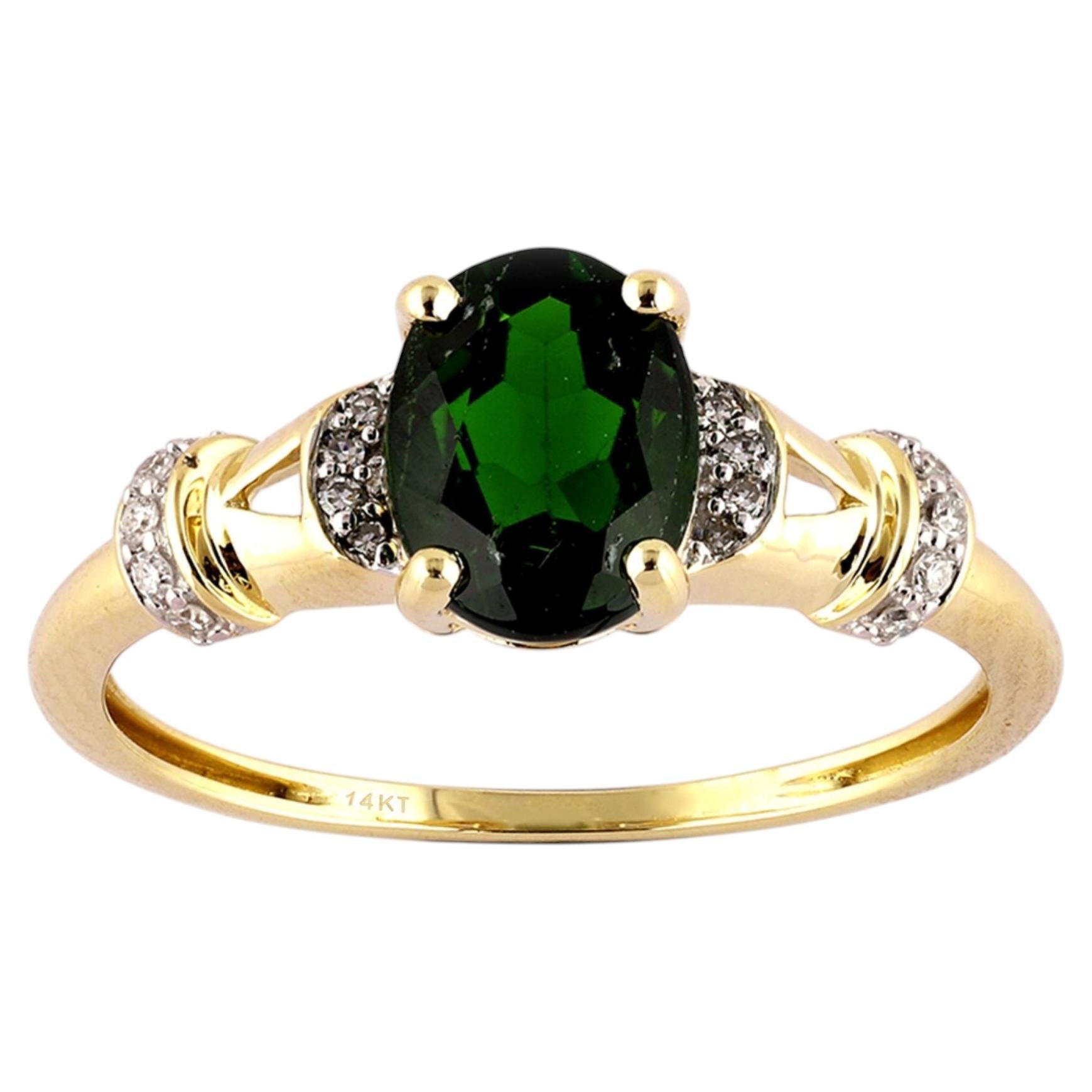 14K Yellow Gold Oval Cut Chrome Diopside and Diamond Ribbed Ring