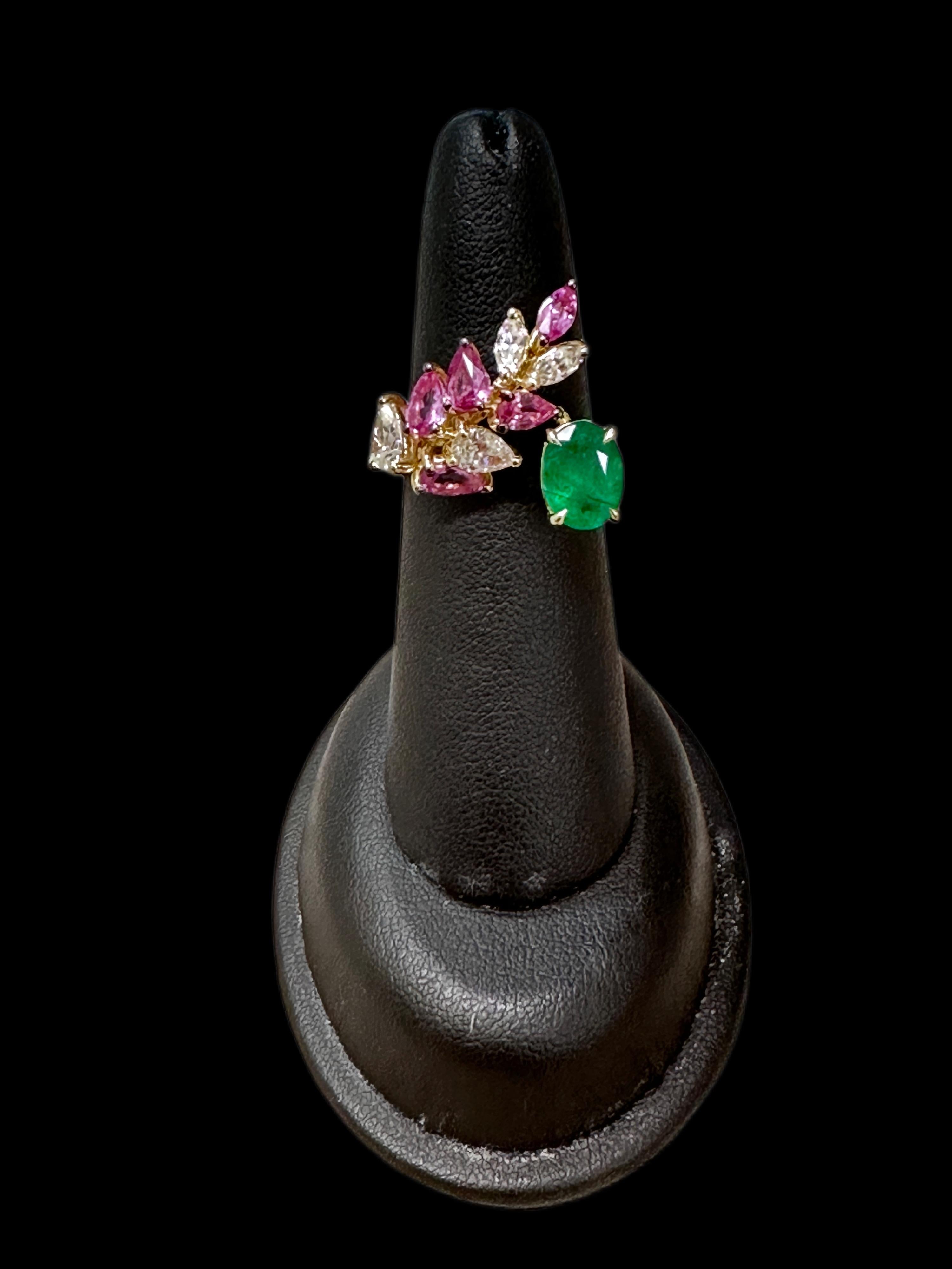 For Sale:  14K Yellow Gold Oval Cut Emerald, w/ Pear Shape Pink Sapphires and Diamond Ring 2
