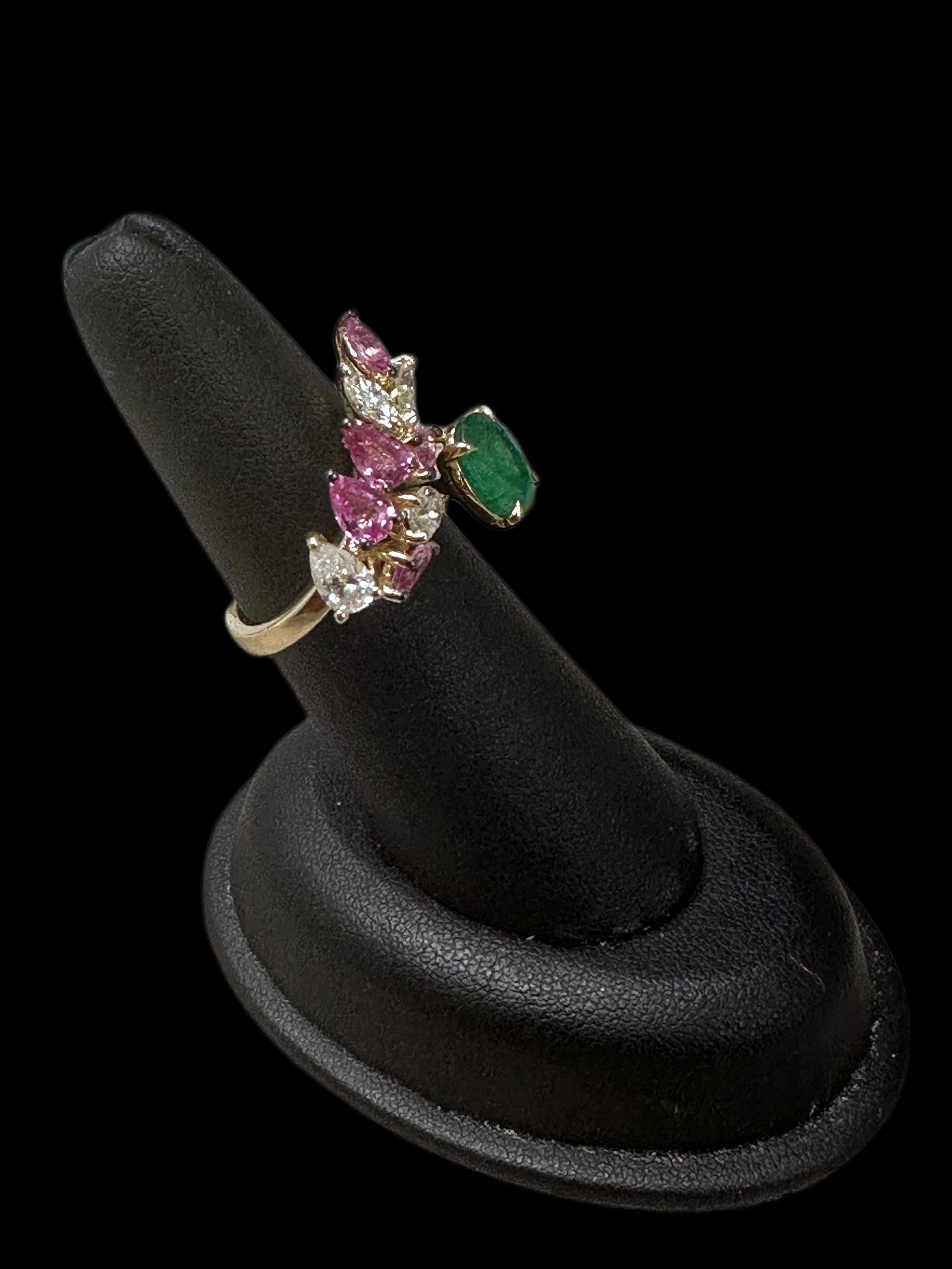 For Sale:  14K Yellow Gold Oval Cut Emerald, w/ Pear Shape Pink Sapphires and Diamond Ring 3