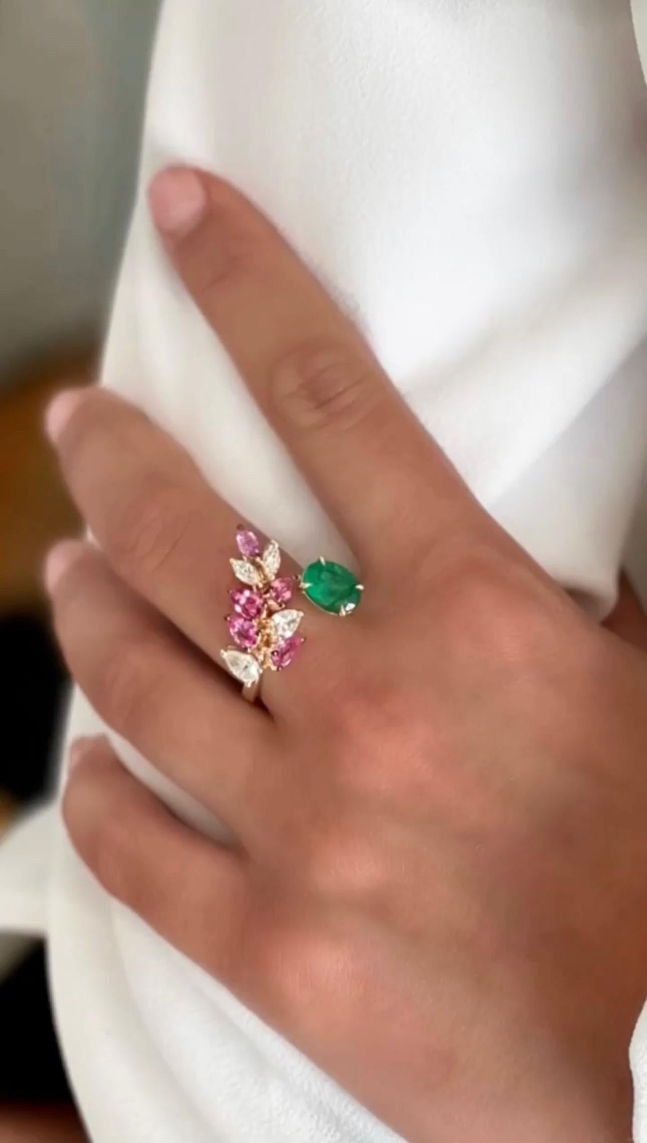 For Sale:  14K Yellow Gold Oval Cut Emerald, w/ Pear Shape Pink Sapphires and Diamond Ring 4