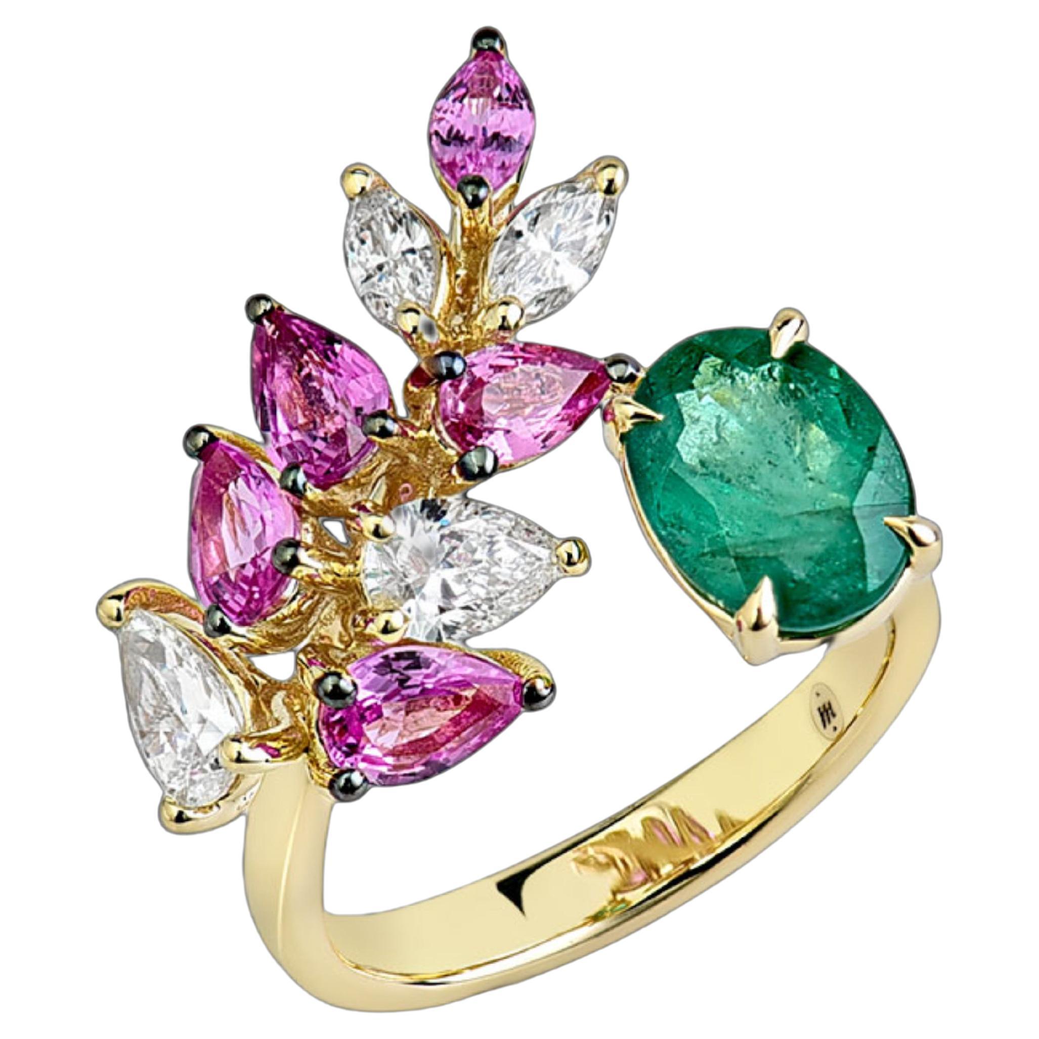 For Sale:  14K Yellow Gold Oval Cut Emerald, w/ Pear Shape Pink Sapphires and Diamond Ring