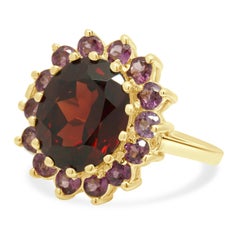 14K Yellow Gold Oval Cut Garnet and Round Pink Tourmaline Halo Ring