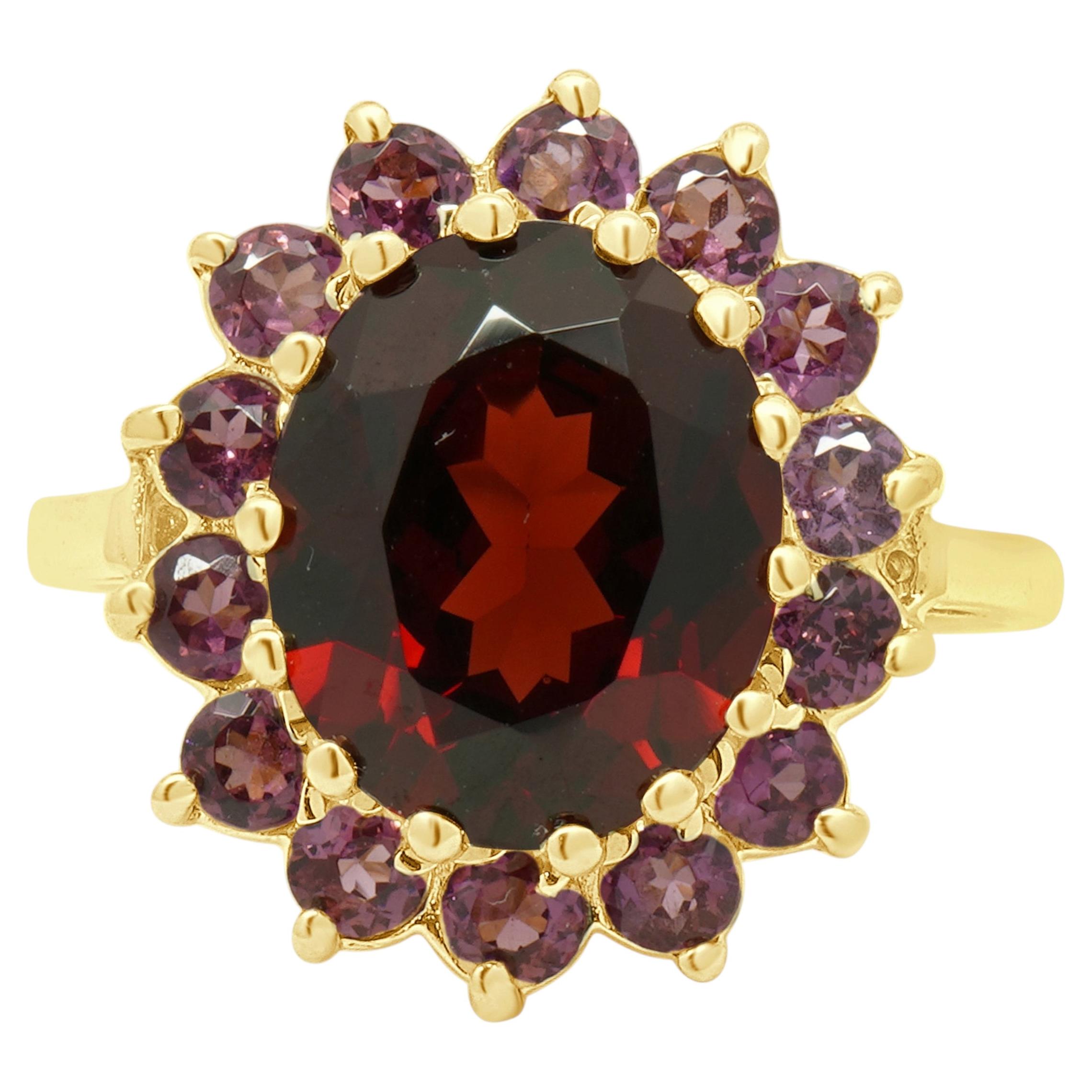 Bague en or jaune 14 carats avec grenat taille ovale et tourmaline rose ronde, sertie en halo
