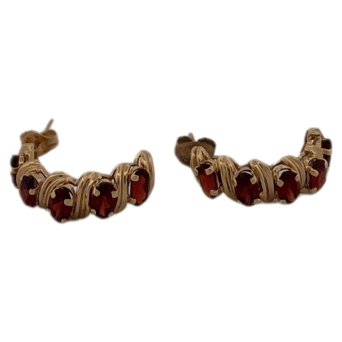 14K Yellow Gold Oval Cut Garnet Hoop Earrings With Design For Sale
