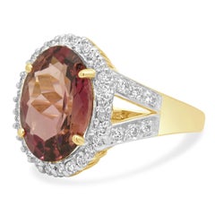 14K Yellow Gold Oval Cut Pink Tourmaline and Round Diamond Halo Split Shank Ring
