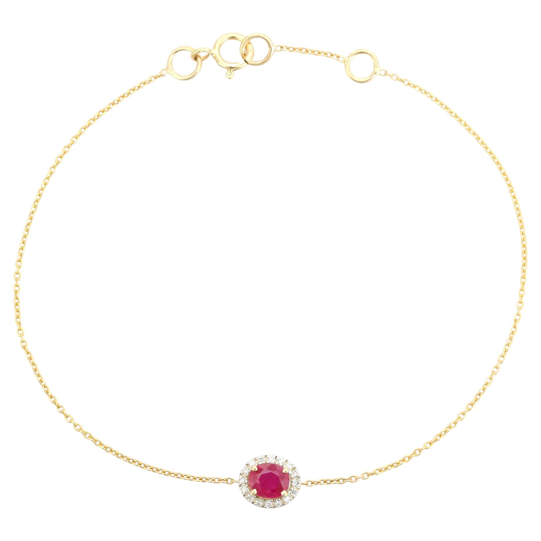 Pulsera de oro amarillo de 14 quilates con cadena halo de rubíes redondos y diamantes Joyería de uso diario