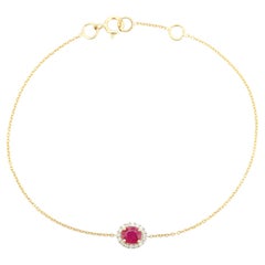 Pulsera de oro amarillo de 14 quilates con cadena halo de rubíes redondos y diamantes Joyería de uso diario