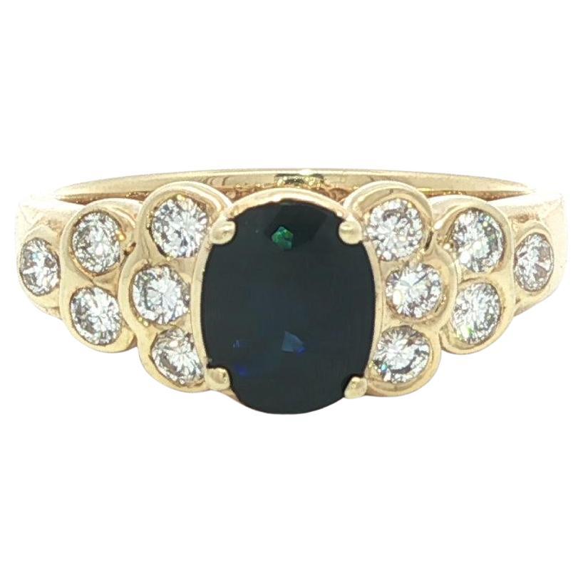 14k Yellow Gold Oval Deep Royal Blue Sapphire Bezel Diamond Step Sides Ring For Sale