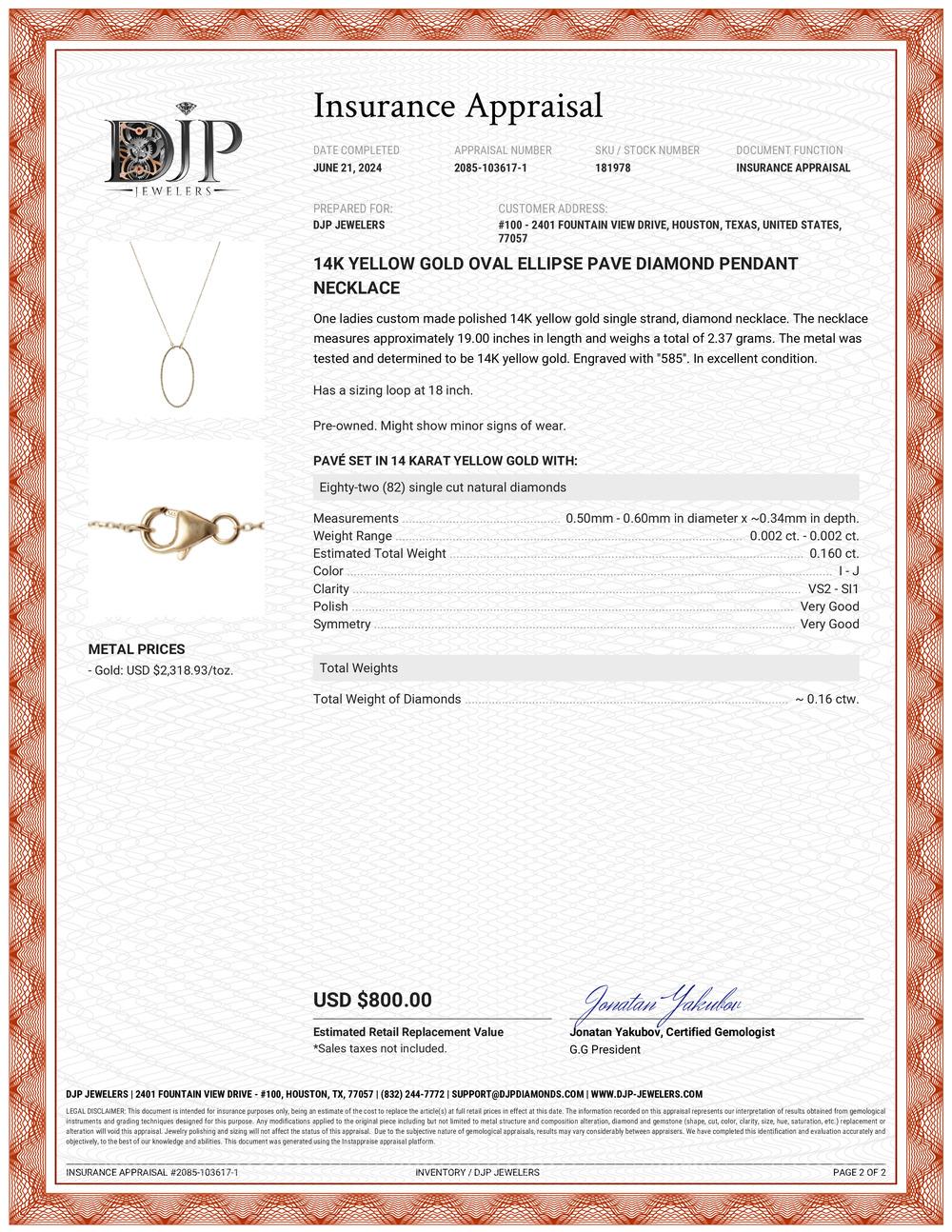 14K Yellow Gold Oval Ellipse Pave Diamond Pendant Necklace 2