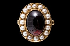 14k Yellow Gold Oval Elongated Cab Garnet and Cultured Pearl Halo Ring