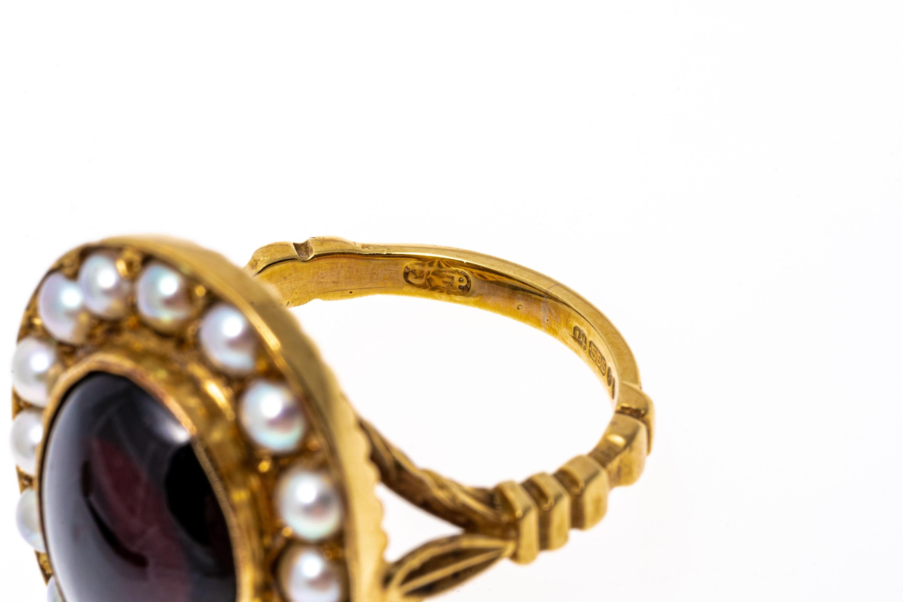 Ovaler länglicher Cab-Granat- und Zuchtperlen-Halo-Ring aus 14 Karat Gelbgold Damen
