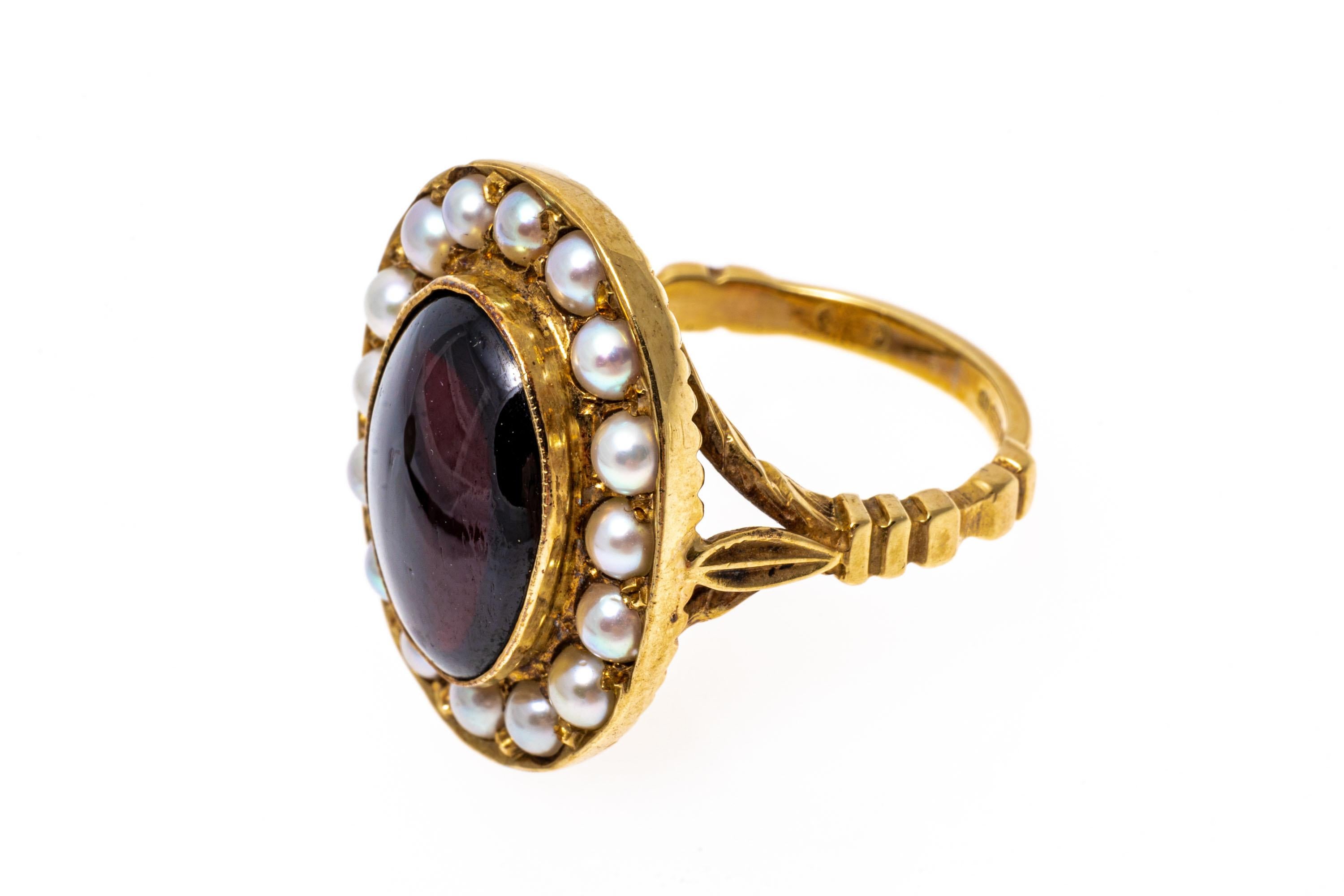 Ovaler länglicher Cab-Granat- und Zuchtperlen-Halo-Ring aus 14 Karat Gelbgold 2