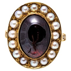 Retro 14k Yellow Gold Oval Elongated Cab Garnet and Cultured Pearl Halo Ring