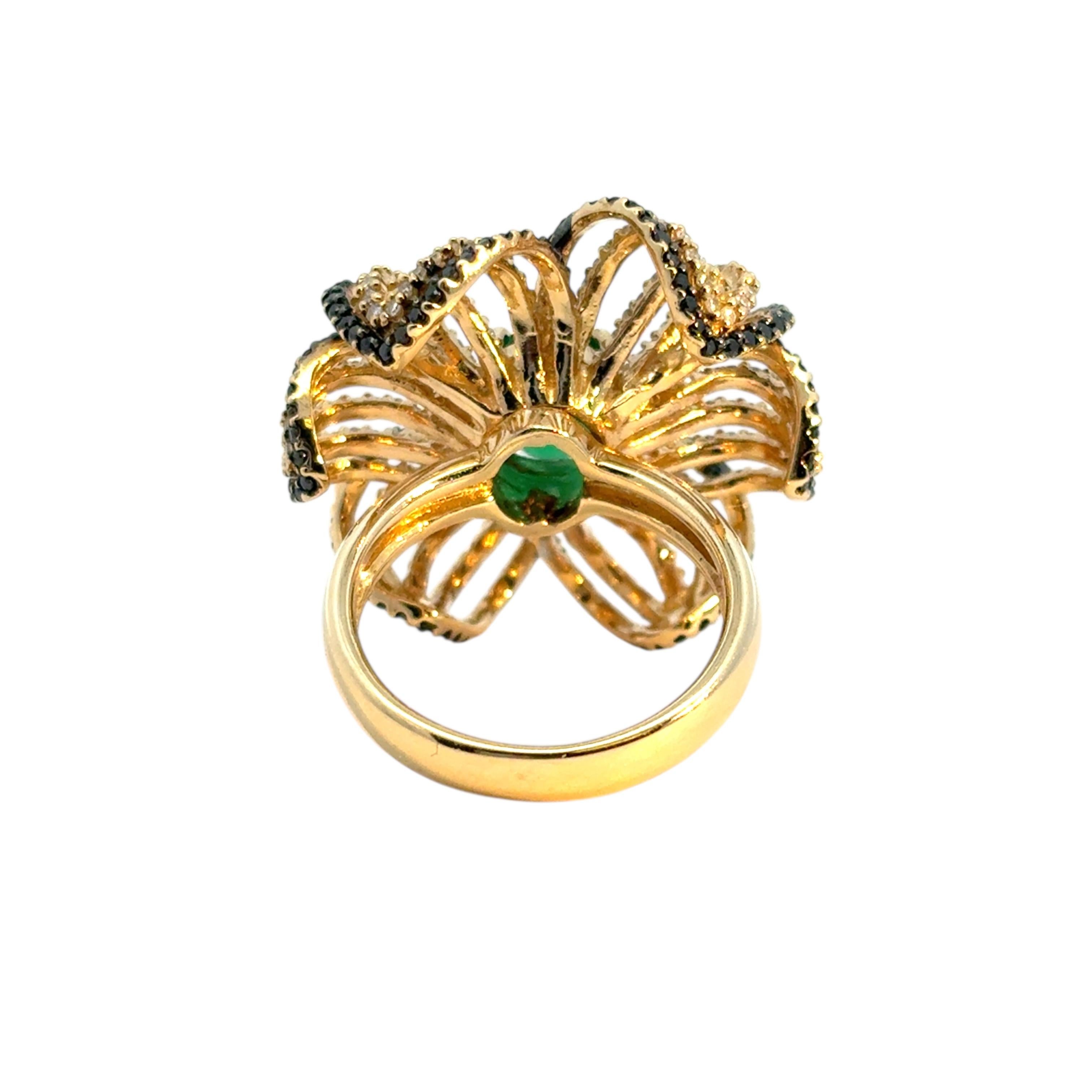 14k Yellow Gold Oval Emerald and Black and White Diamond Flower Ring im Angebot 7
