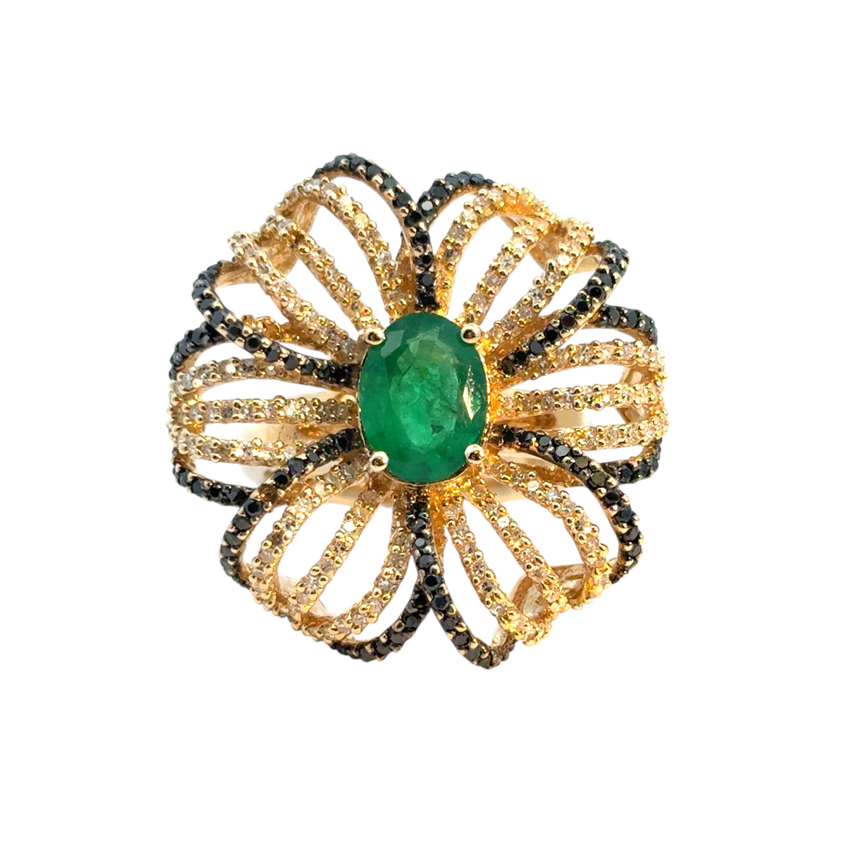 14k Yellow Gold Oval Emerald and Black and White Diamond Flower Ring

This stunning Diamond Emerald Flower Ring is in excellent condition and is ready to ship!

Style: Flower Statement Ring
Material: 18k White Gold
Gemstone Details: This ring