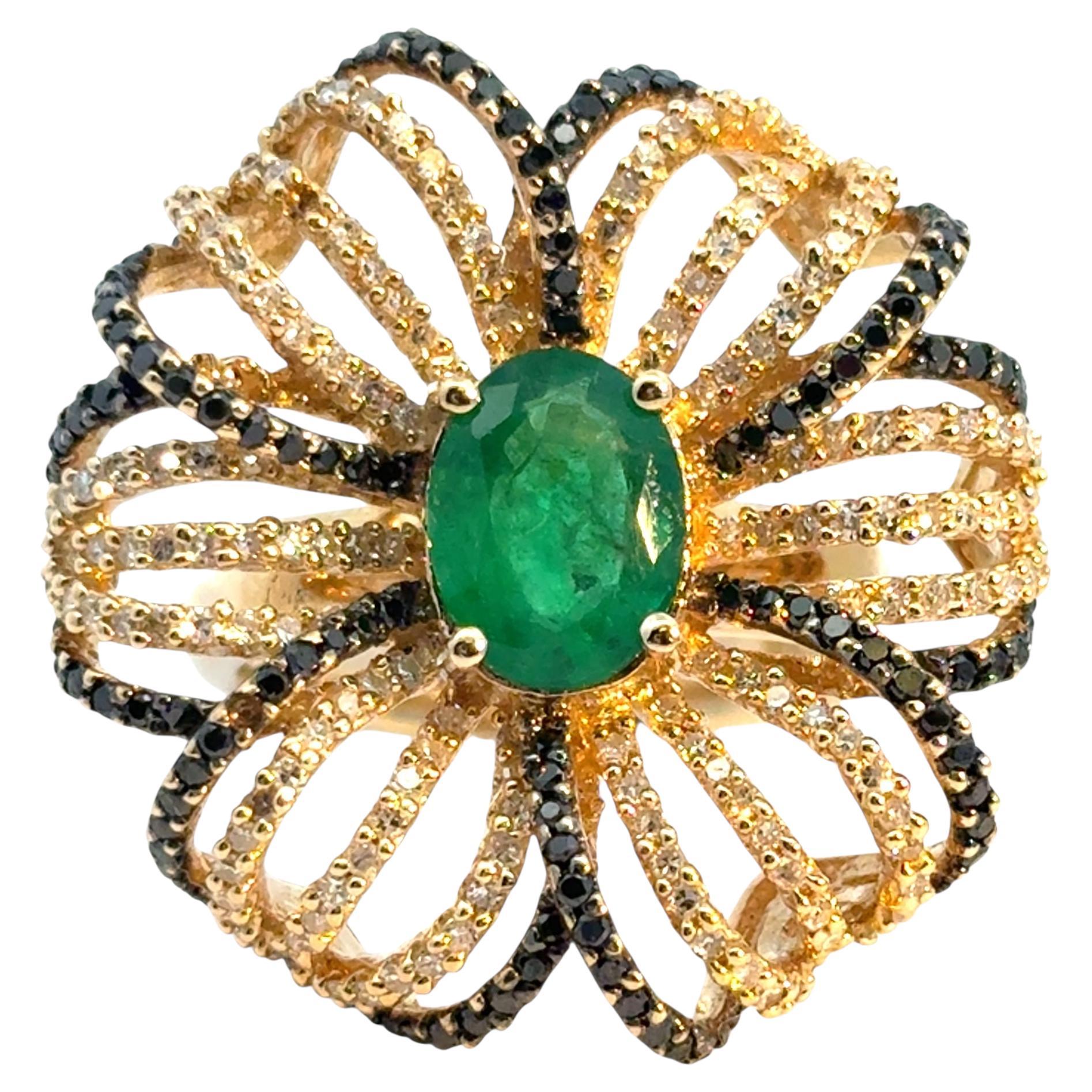14k Yellow Gold Oval Emerald and Black and White Diamond Flower Ring