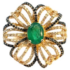 14k Yellow Gold Oval Emerald and Black and White Diamond Flower Ring