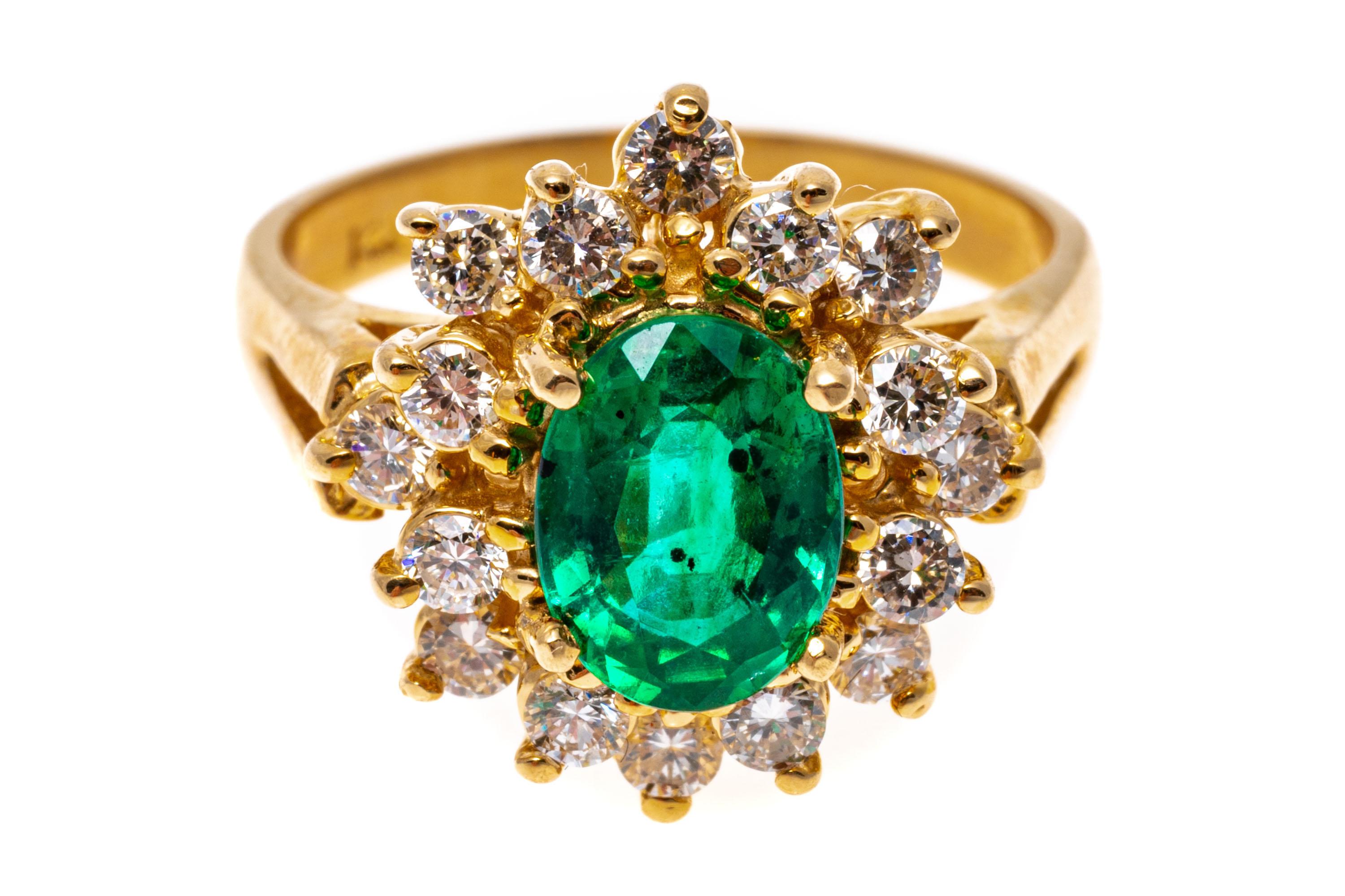 Retro 14k Yellow Gold Oval Emerald And Diamond Double Halo Ring For Sale
