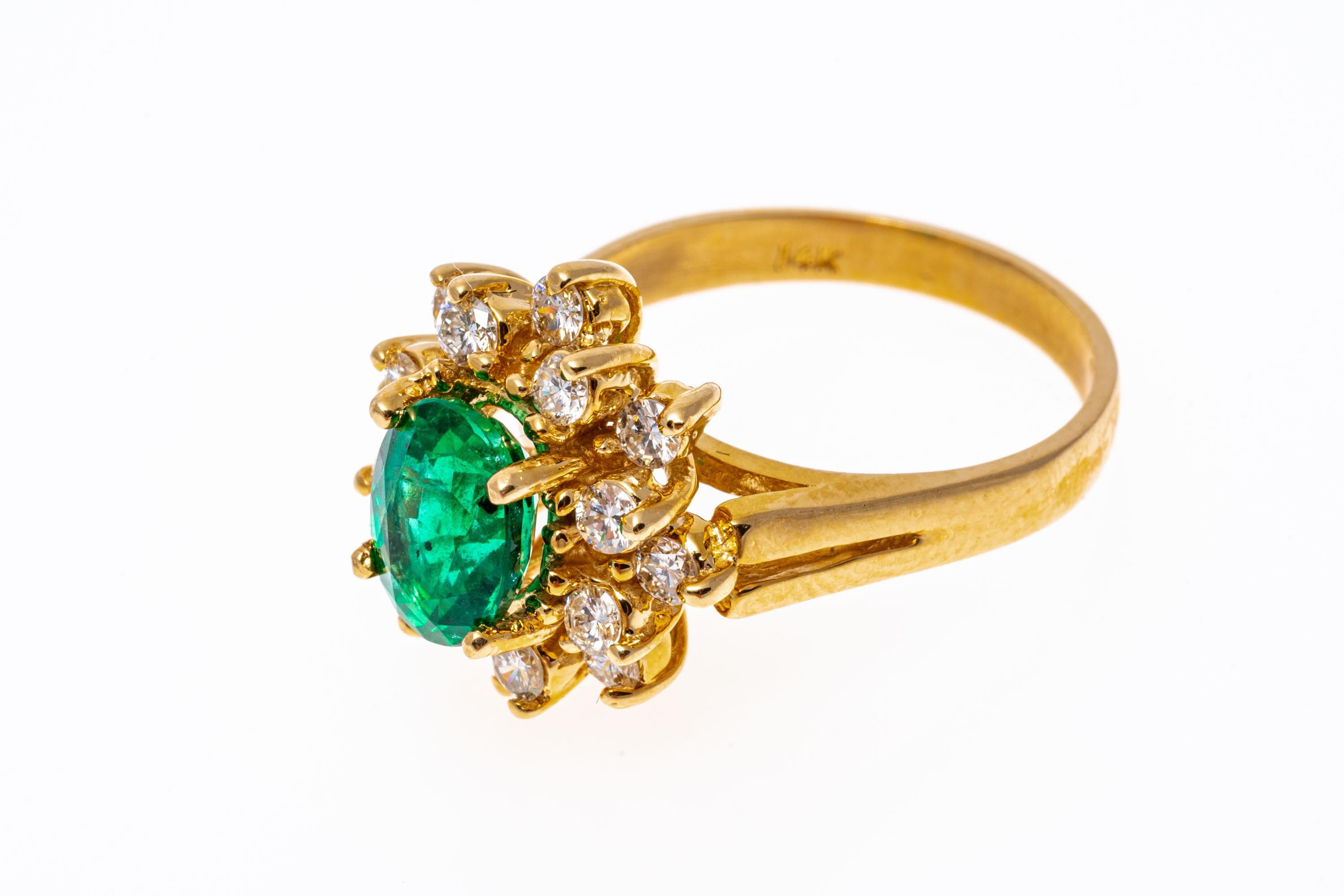 14k Yellow Gold Oval Emerald And Diamond Double Halo Ring For Sale 1