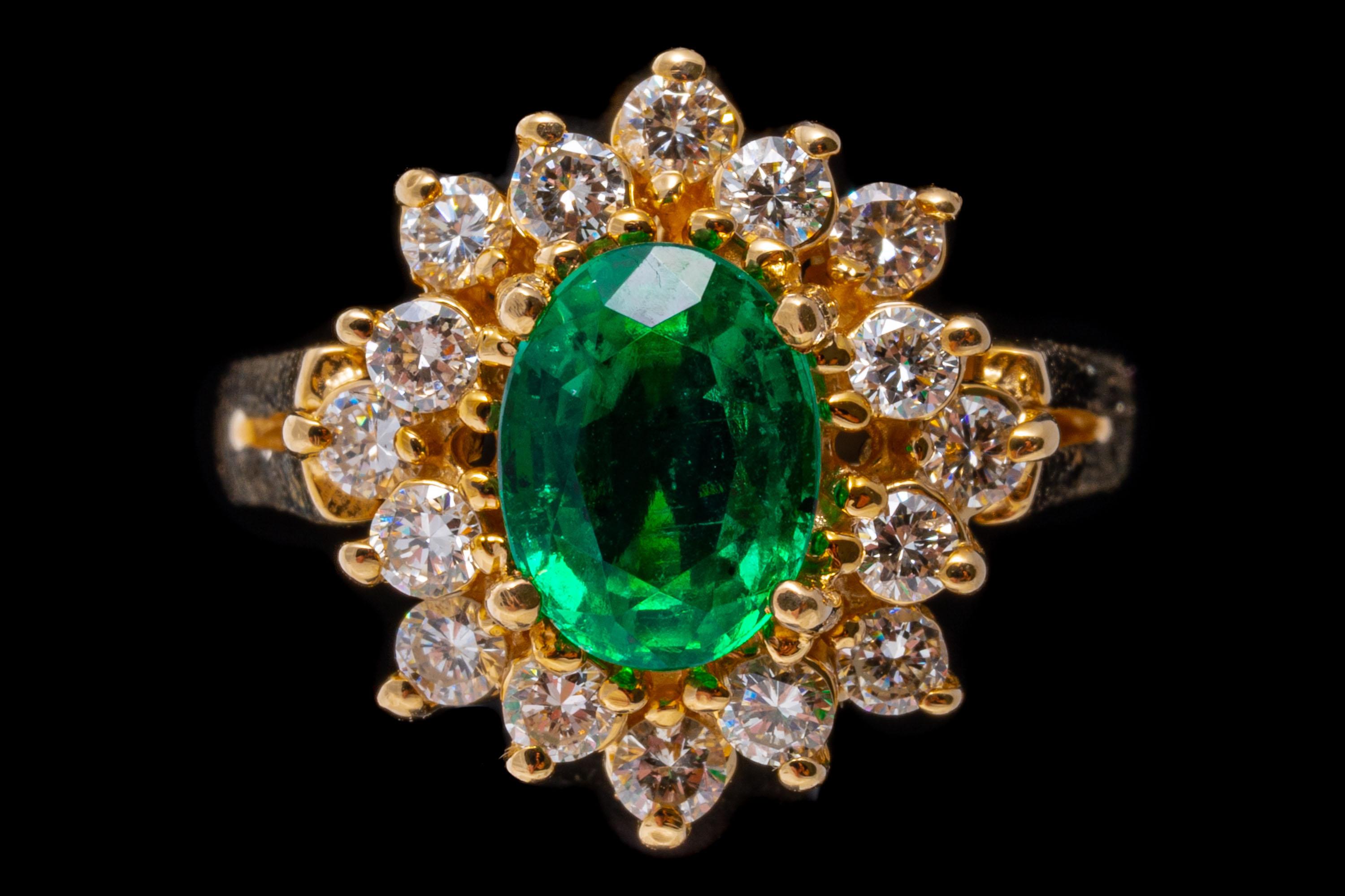 14k Yellow Gold Oval Emerald And Diamond Double Halo Ring For Sale 2