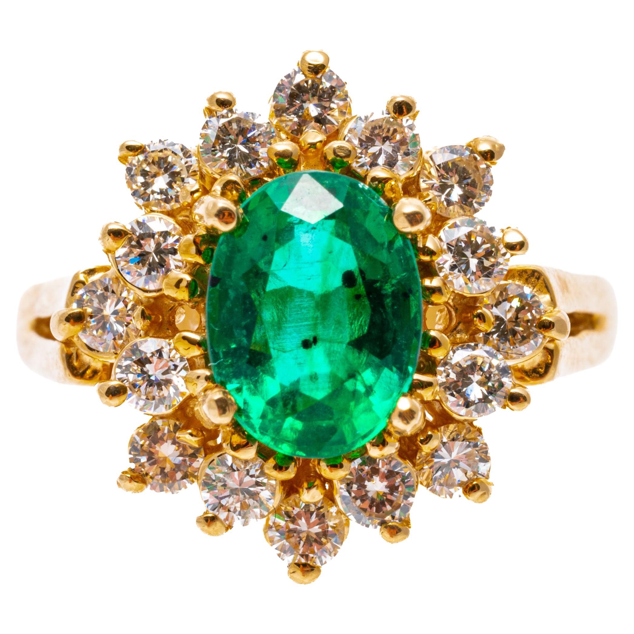 14k Yellow Gold Oval Emerald And Diamond Double Halo Ring For Sale