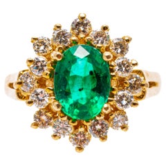 Vintage 14k Yellow Gold Oval Emerald And Diamond Double Halo Ring