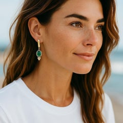 14K Yellow Gold Oval Emerald and Diamond Drop Earrings with European Lever Backs