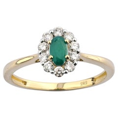 14K Yellow Gold Oval Emerald and Round Diamond Halo Ring