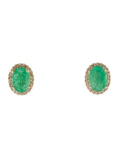 14K Yellow Gold Oval Emerald & Diamond Halo Stud Earrings