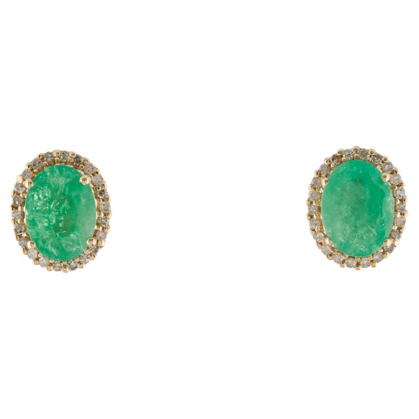 14K Yellow Gold Oval Emerald & Diamond Halo Stud Earrings For Sale