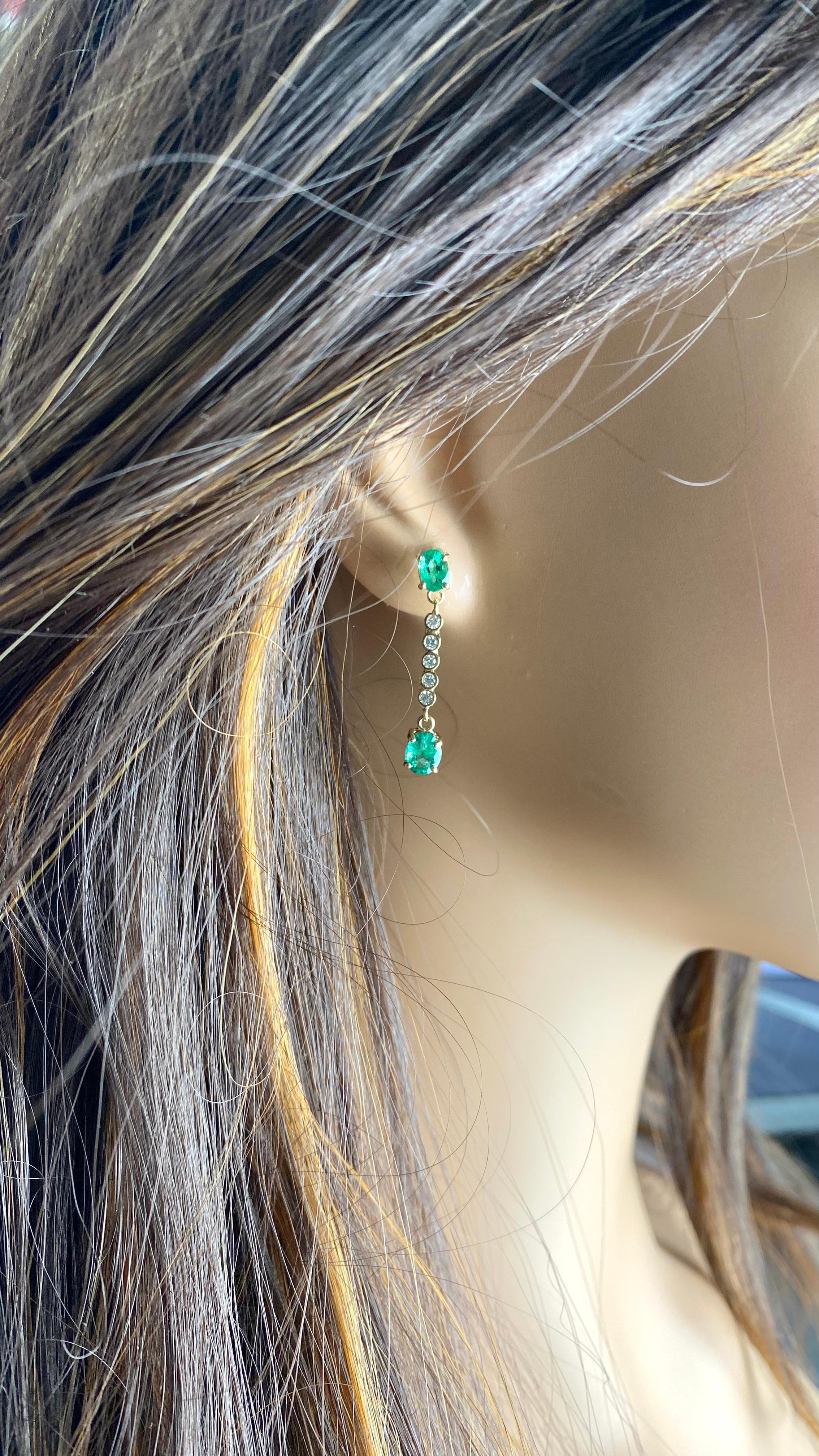 Oval Cut 14K Yellow Gold Oval Emerald & Diamond Lariat Drop Earrings For Sale