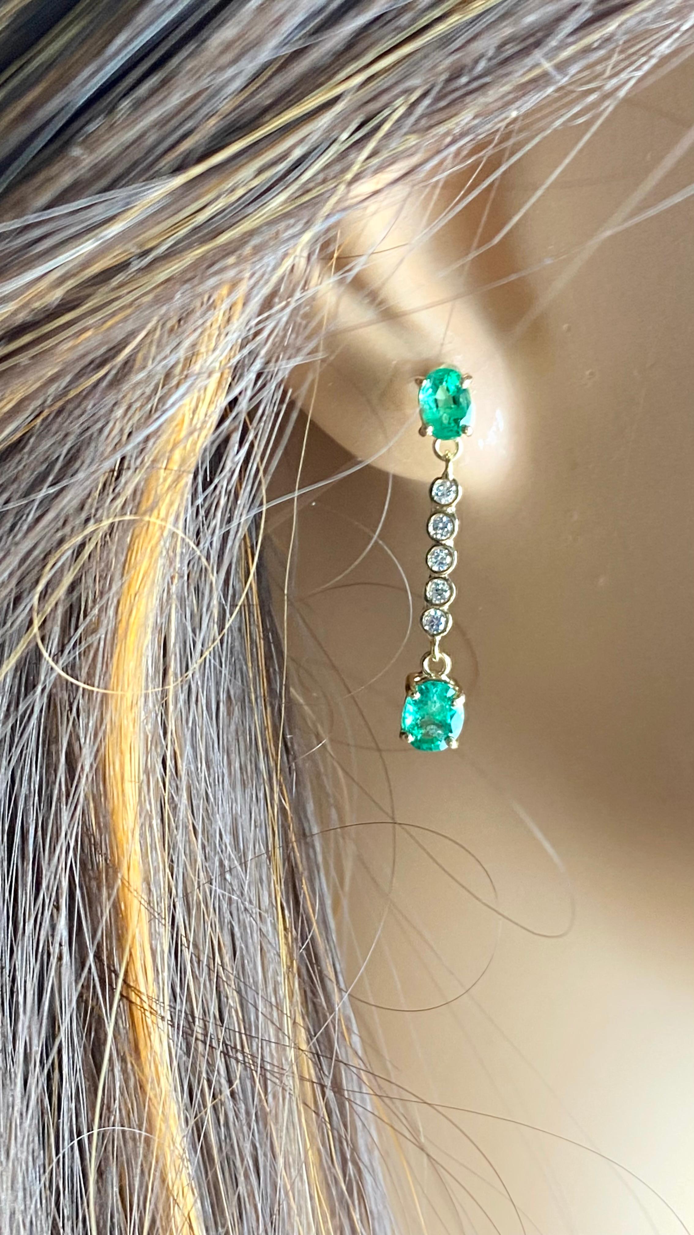 Women's 14K Yellow Gold Oval Emerald & Diamond Lariat Drop Earrings For Sale