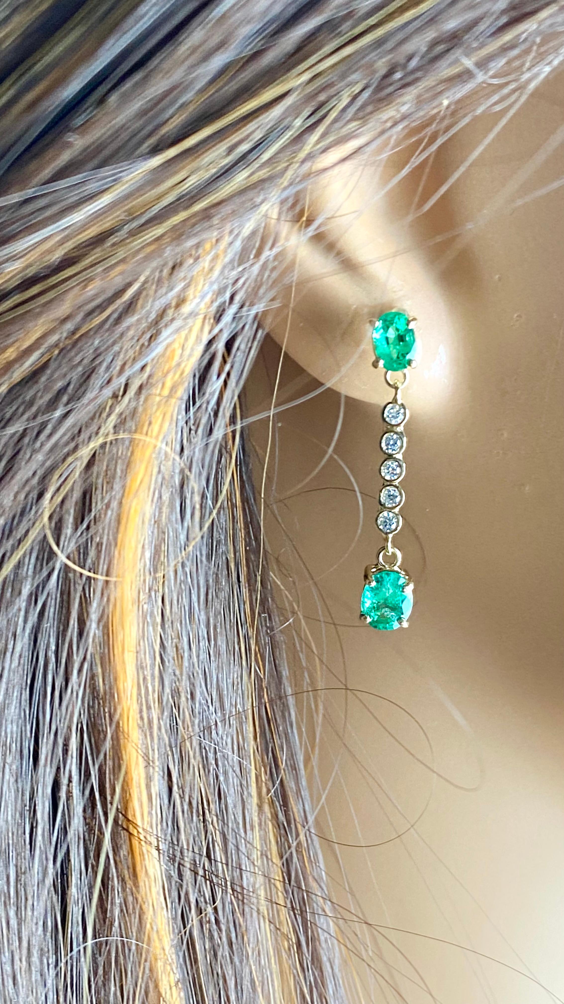 14K Yellow Gold Oval Emerald & Diamond Lariat Drop Earrings For Sale 1