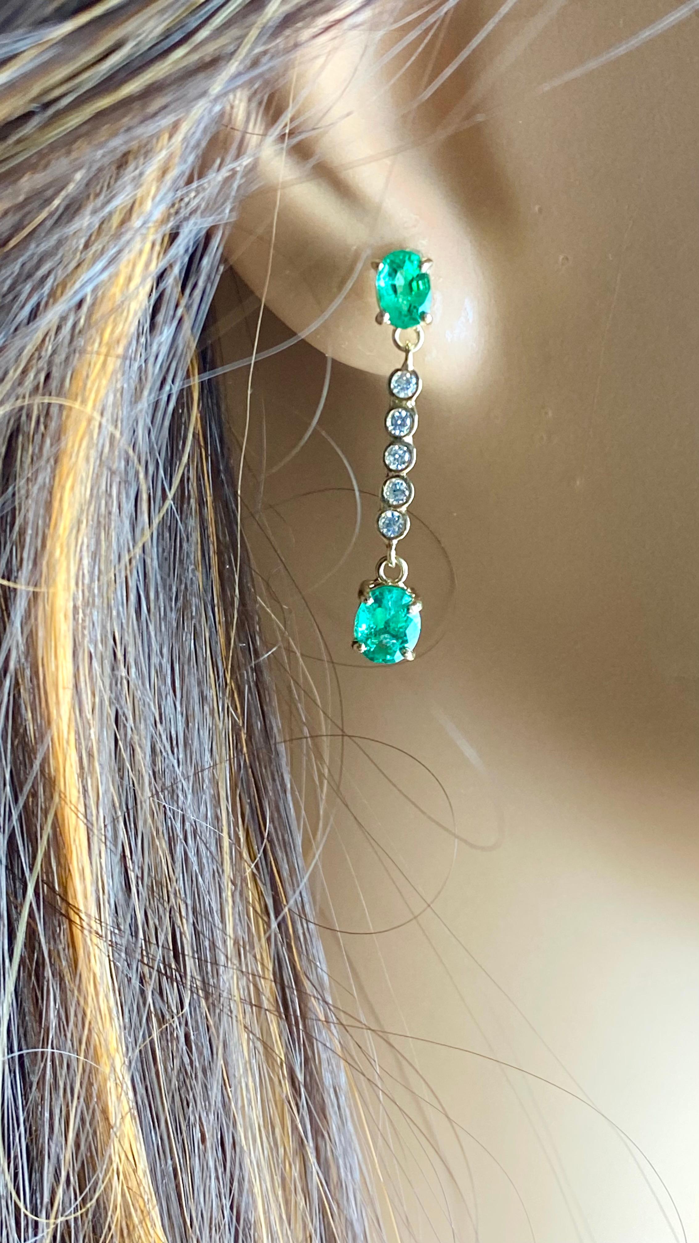 14K Yellow Gold Oval Emerald & Diamond Lariat Drop Earrings For Sale 2