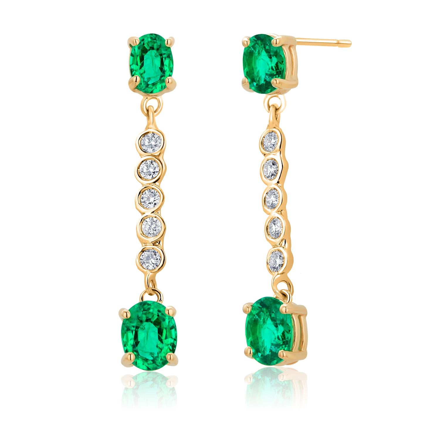 14K Yellow Gold Oval Emerald & Diamond Lariat Drop Earrings For Sale 3