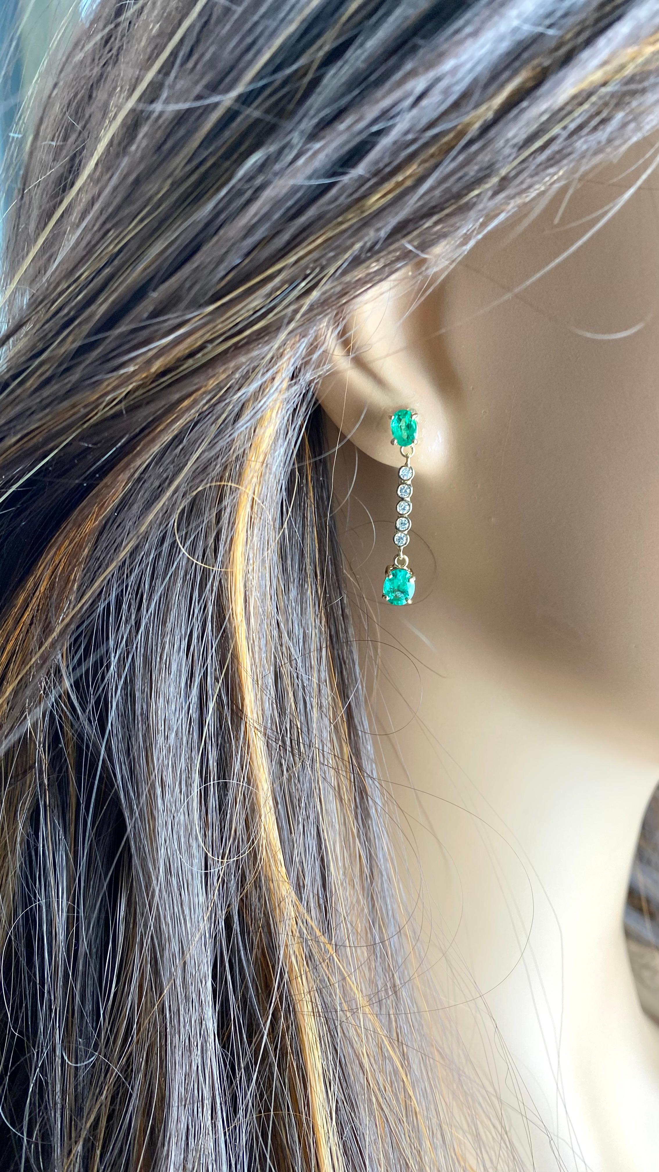 14K Yellow Gold Oval Emerald & Diamond Lariat Drop Earrings For Sale 4