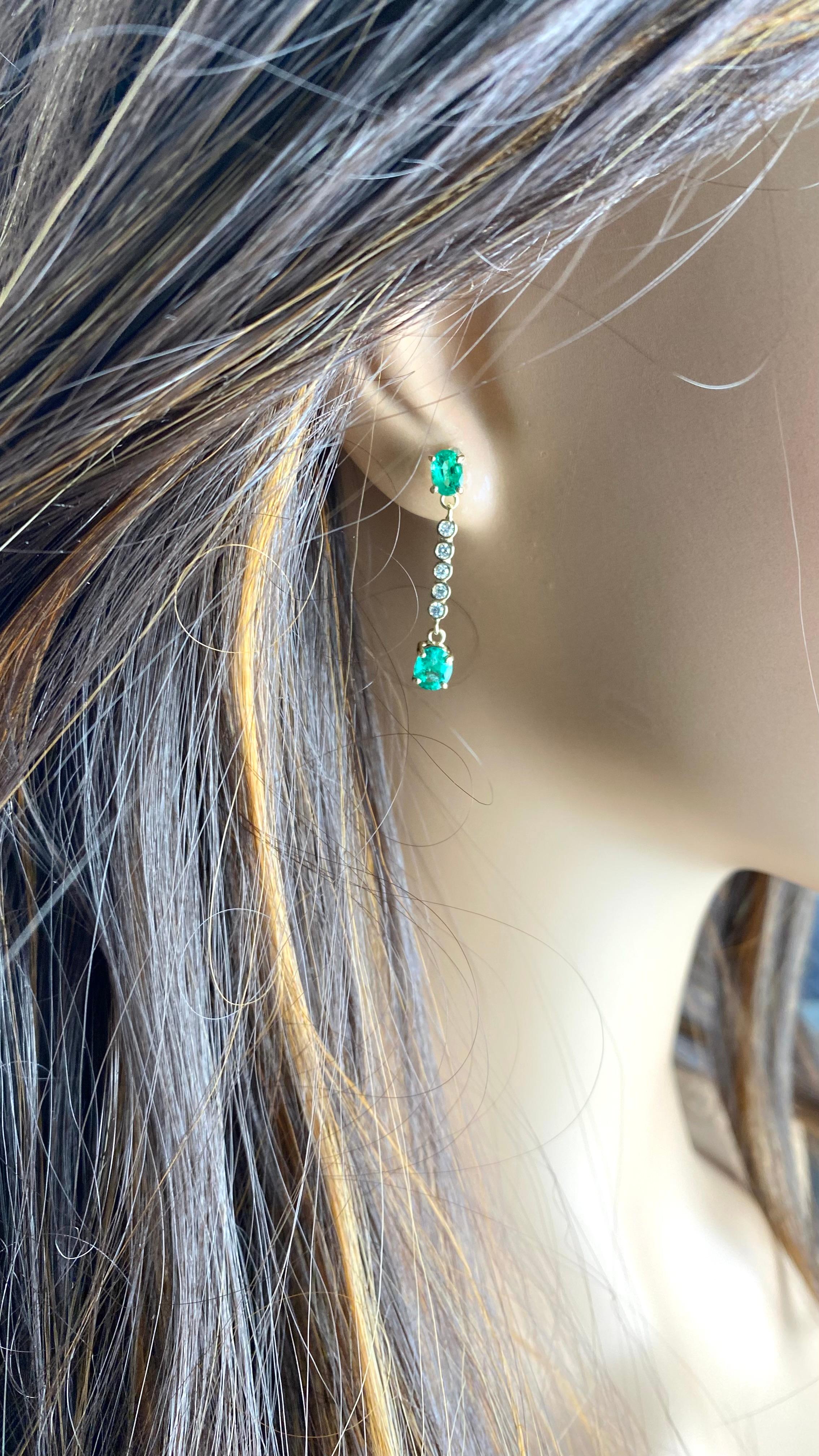 14K Yellow Gold Oval Emerald & Diamond Lariat Drop Earrings For Sale 5
