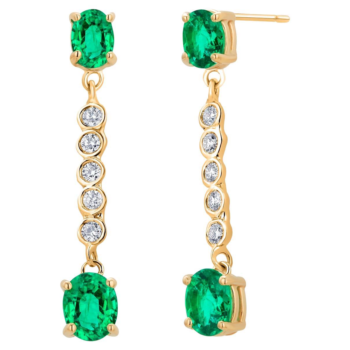 14K Yellow Gold Oval Emerald & Diamond Lariat Drop Earrings For Sale