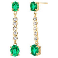 14K Yellow Gold Oval Emerald & Diamond Lariat Drop Earrings