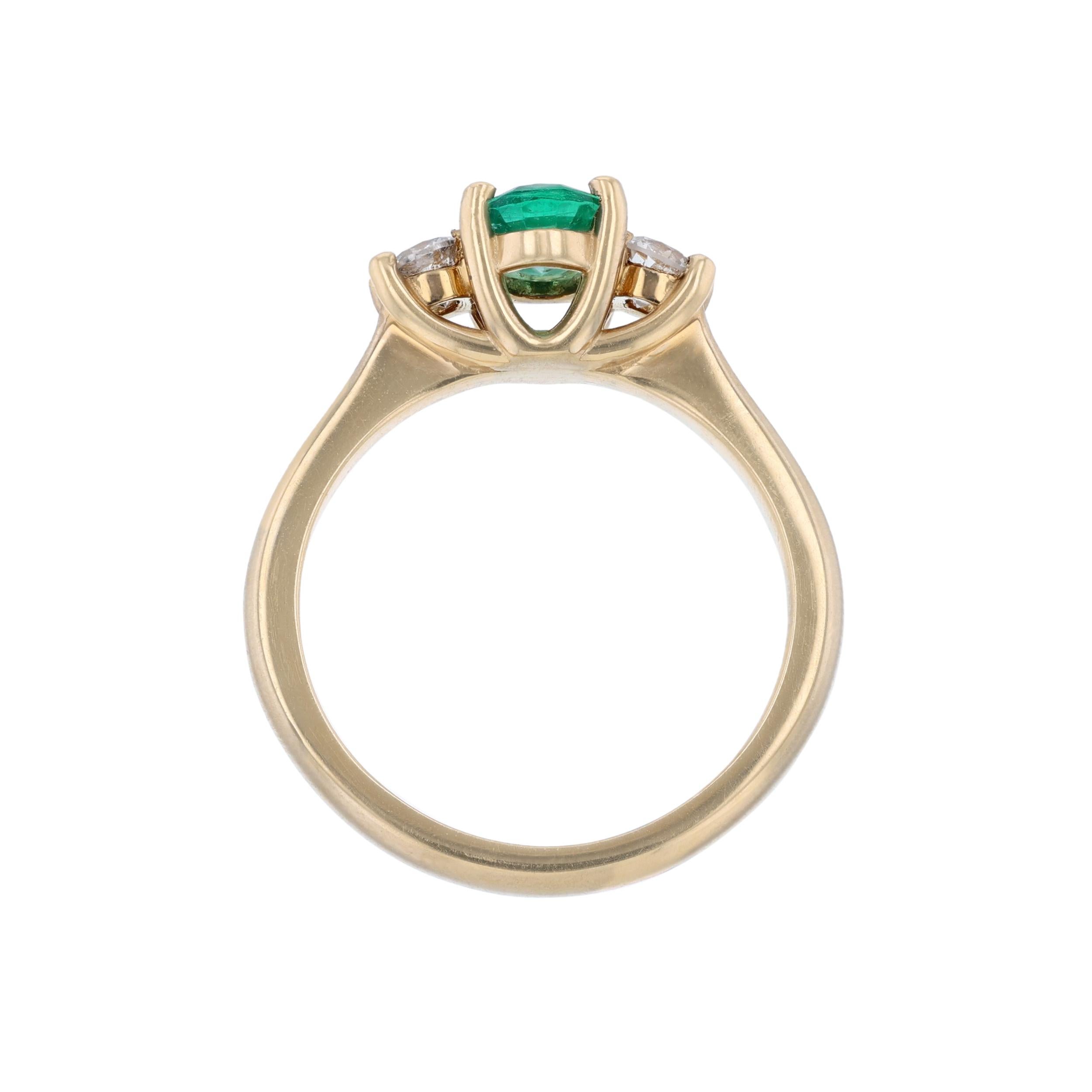 Oval Cut 14K Yellow Gold Oval Emerald Round Diamond Ring For Sale