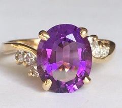 14k Yellow Gold Oval Faceted Amethyst and Diamond Ring