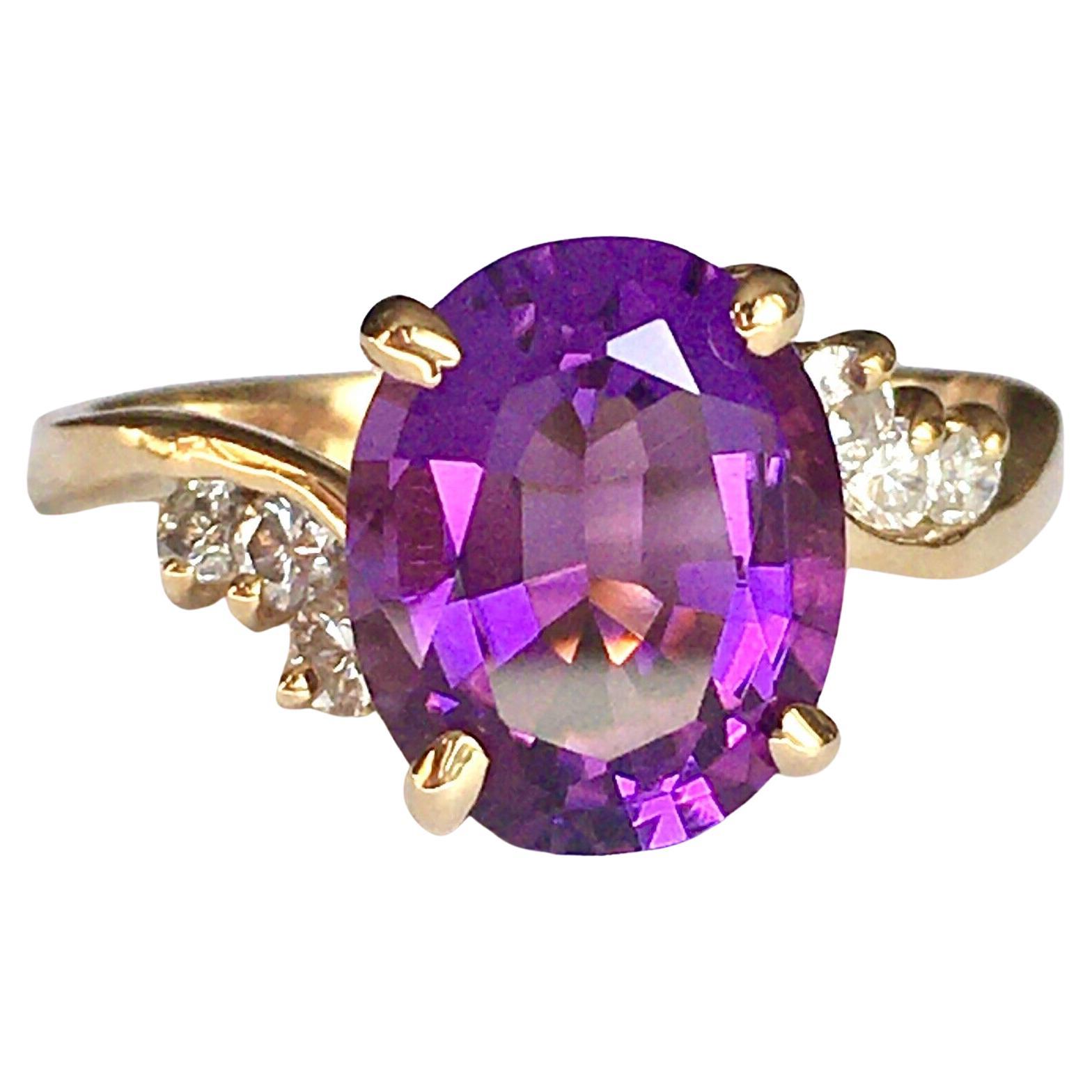 14k Yellow Gold Oval Faceted Amethyst and Diamond Ring For Sale