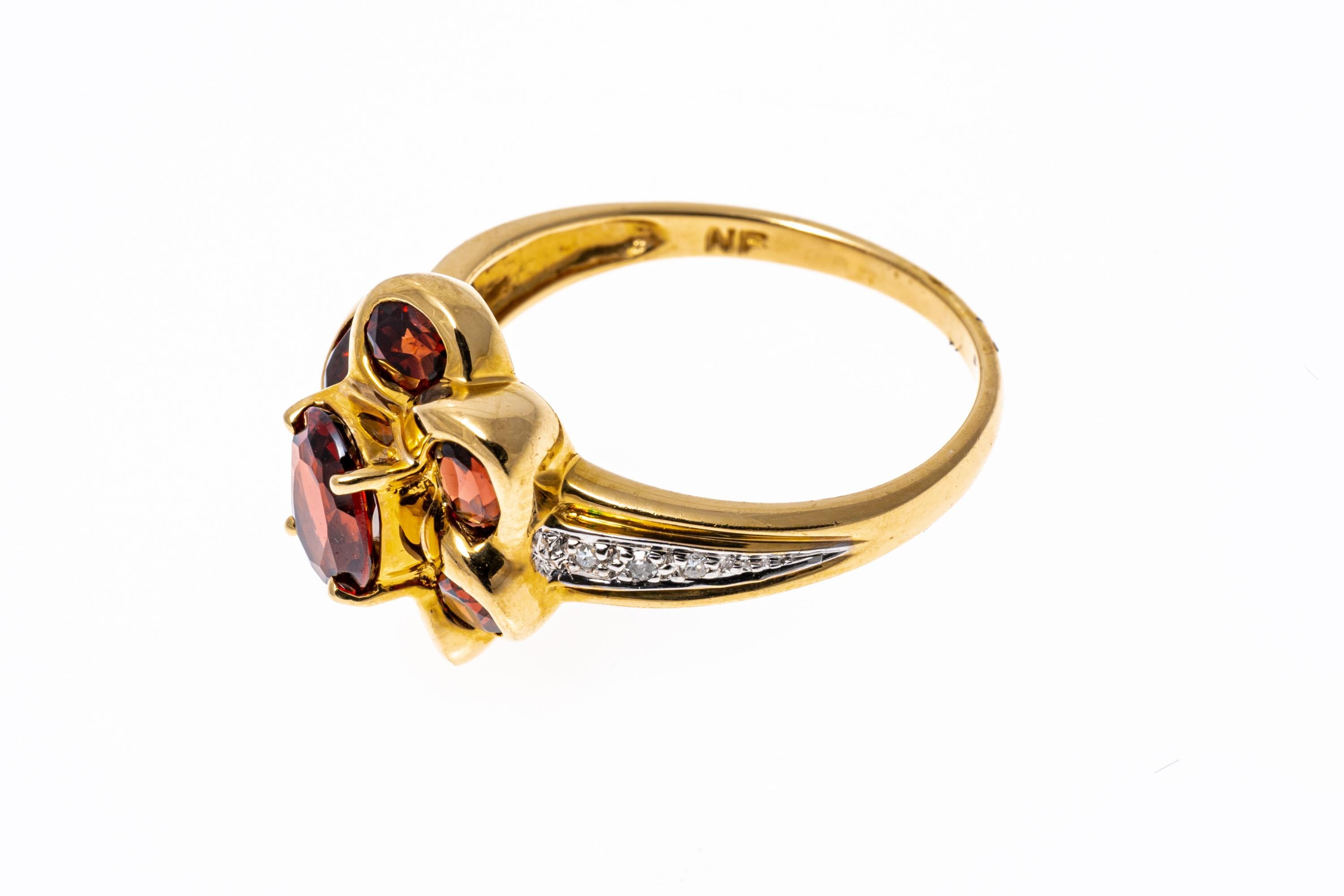 Women's 14k Yellow Gold Oval Garnet Flower Cluster And Diamond Ring For Sale