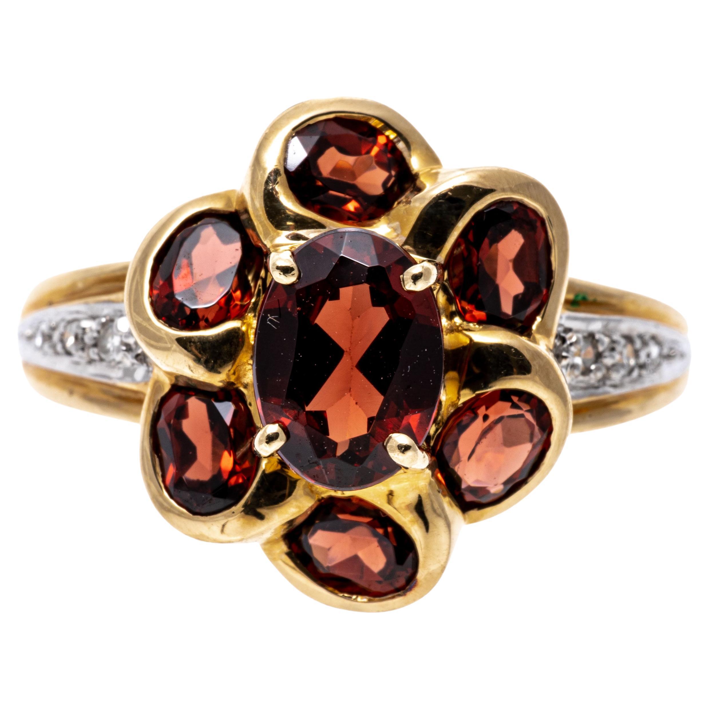 14k Yellow Gold Oval Garnet Flower Cluster And Diamond Ring For Sale