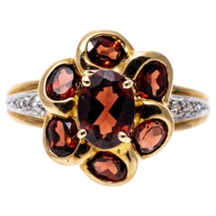 14k Yellow Gold Oval Garnet Flower Cluster And Diamond Ring
