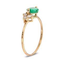 14 Karat Gold Oval Green Emerald Rustic Vintage Diamond Ring Center, 2/3 Carat