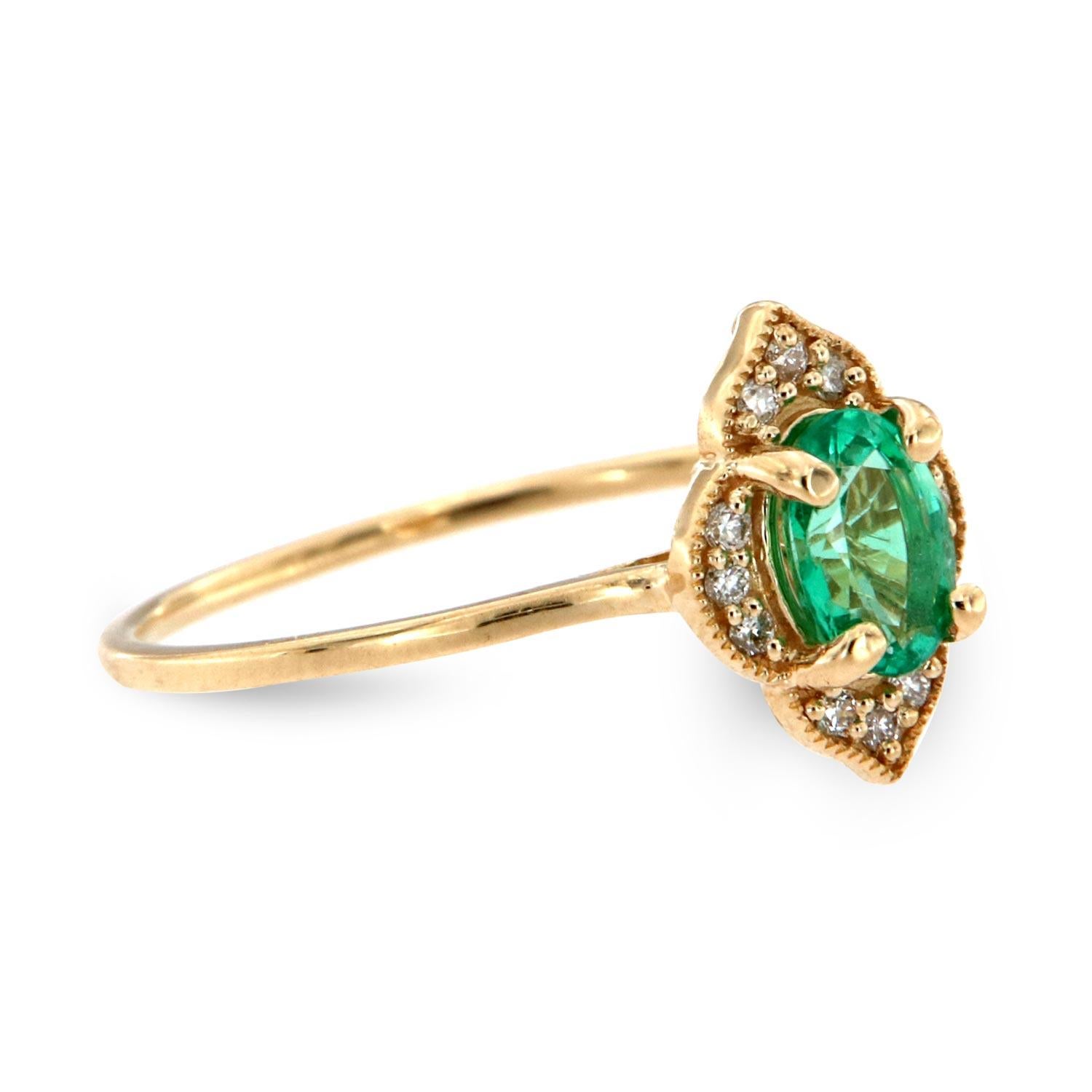 Oval Cut 14 Karat Yellow Gold Oval Green Emerald Halo Diamond Ring Center, 2/5 Carat For Sale