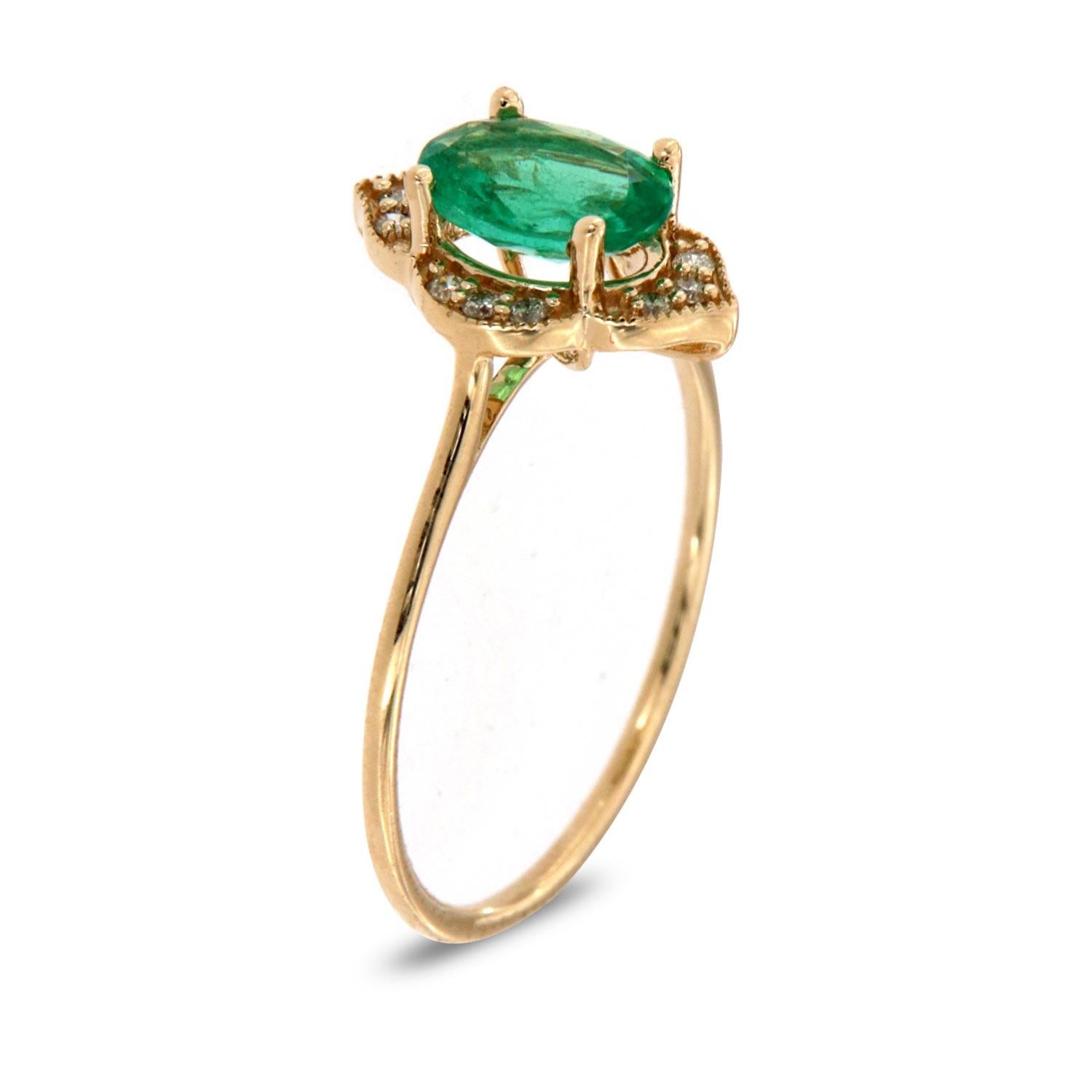 This petite fashion ring is impressive in its vintage appeal, featuring a natural green oval shape emerald, accented with milgrain and round brilliant diamonds. Experience the difference in person!

Product details: 

Center Gemstone Type:
