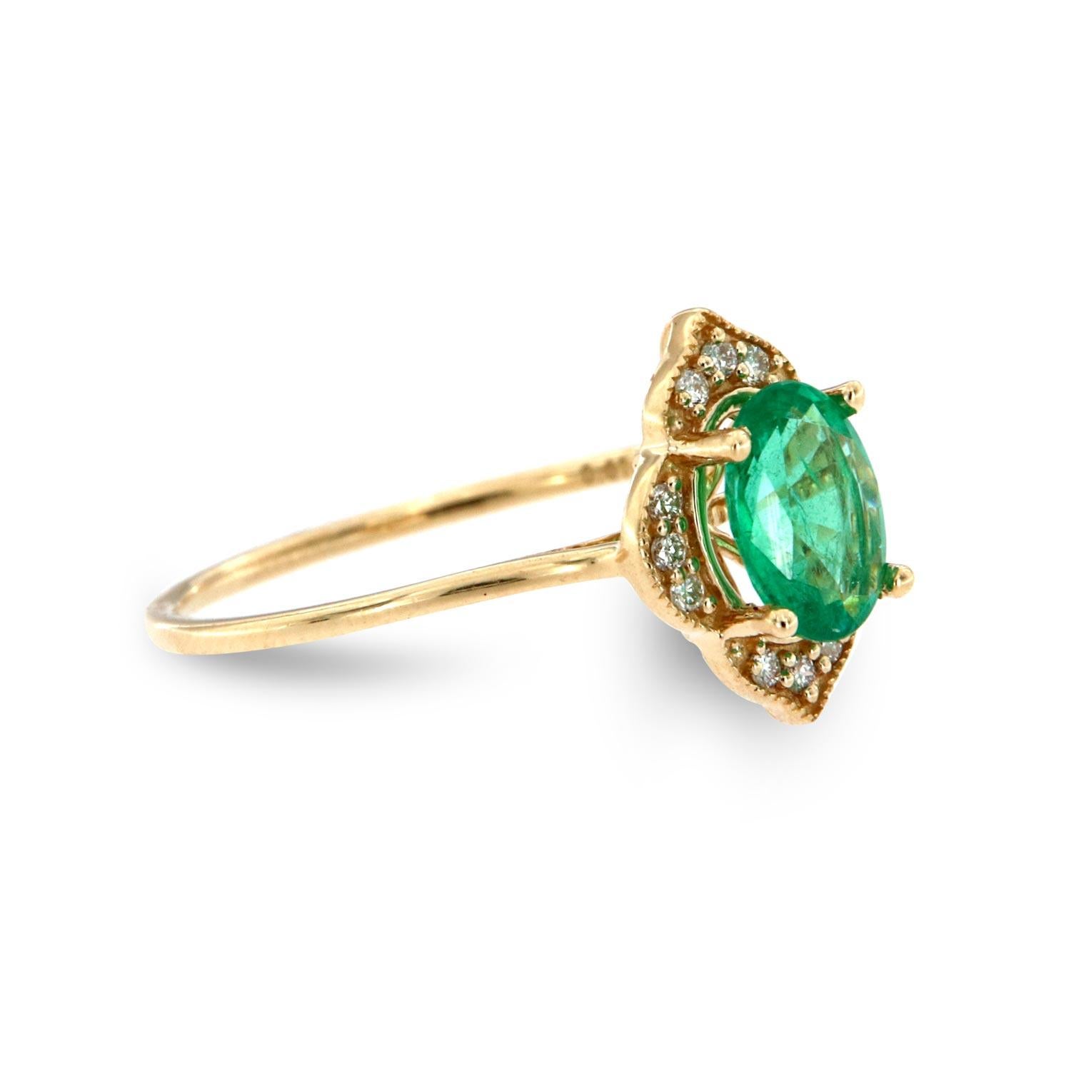 Oval Cut 14 Karat Gold Oval Green Emerald Vintage Halo Diamond Ring Center, 3/4 Carat For Sale