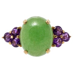 14k Yellow Gold Oval Green Nephrite Jade And Purple Amethyst Ring